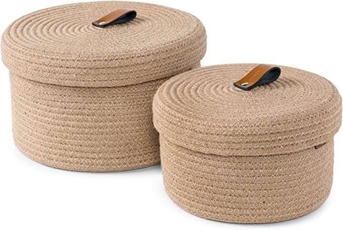 DENJA & CO Round Baskets with Lids - Set of 2 Decorative Jute Baskets with Lids for Organizing - ... | Amazon (US)