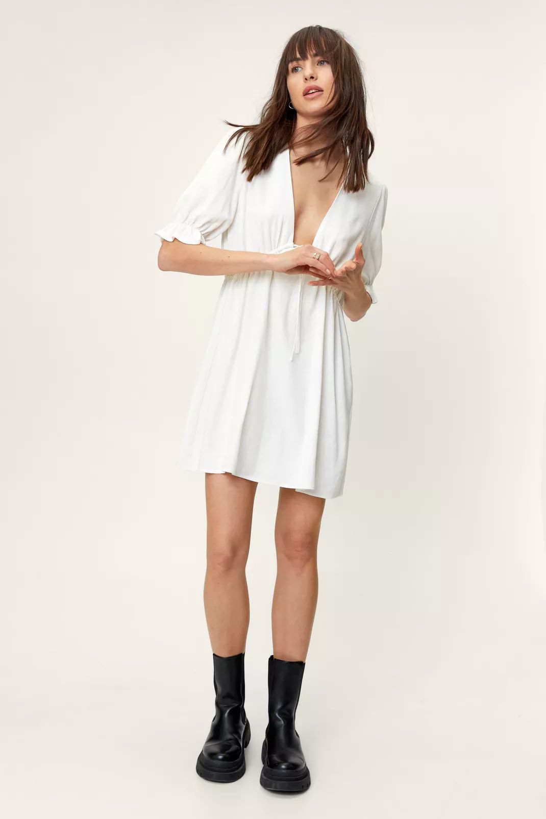 Linen V Neck Puff Sleeve Mini Dress | Nasty Gal (US)
