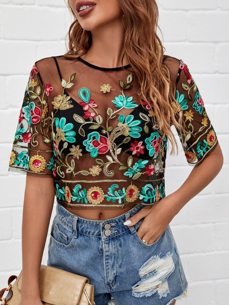 SHEIN VCAY Floral Embroidery Mesh Top Without Bra | SHEIN