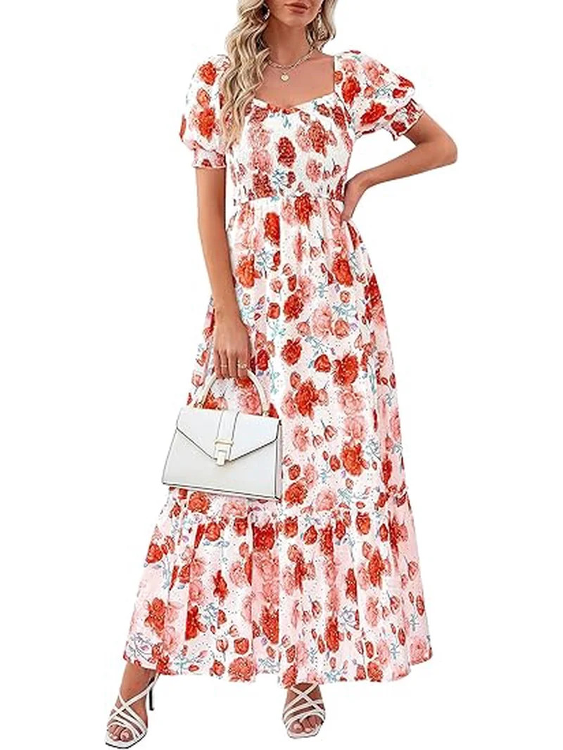 PRETTYGARDEN Women's Floral Boho Maxi Dresses Flowy Short Sleeve A Line Smocked Eyelet Summer Bea... | Walmart (US)