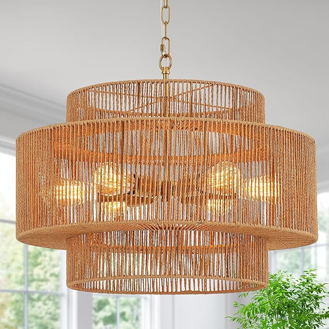 Widluth 23.6" Rattan Chandelier Light Fixture Vintage 6-Lights Boho Hand-Woven Bamboo Chandeliers... | Amazon (US)