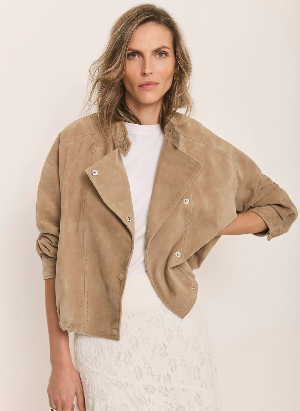 Neutral Suede Cropped Pilot Bomber Jacket | Mint Velvet