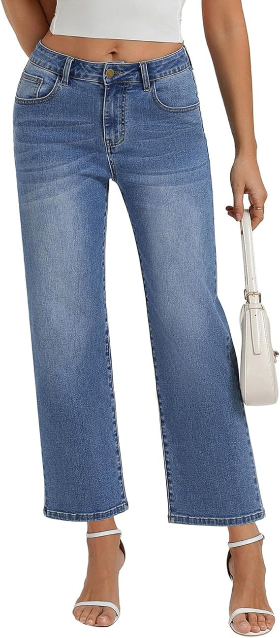 Belle Poque Women Straight Leg Jeans Stretchy Mid Rise Jeans with Pockets | Amazon (US)