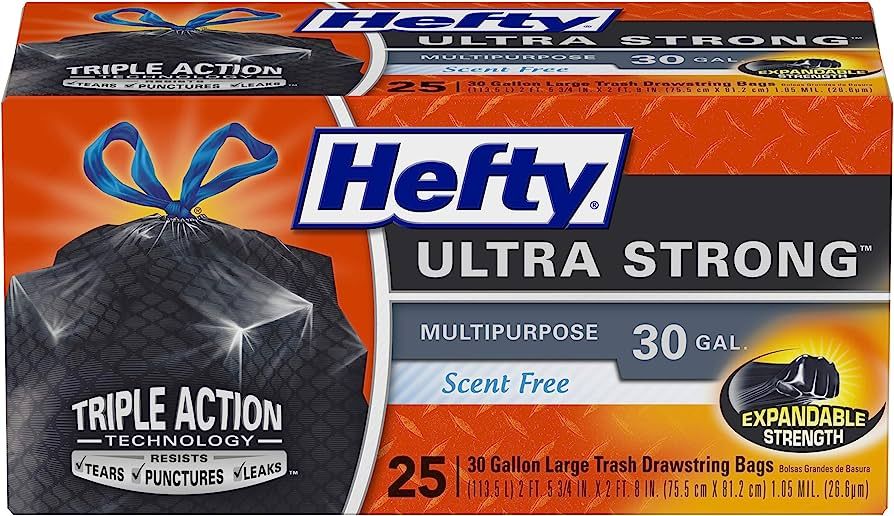 Hefty Ultra Strong Multipurpose Large Trash Bags, Black, Unscented, 30 Gallon, 25 Count (Pack of ... | Amazon (US)