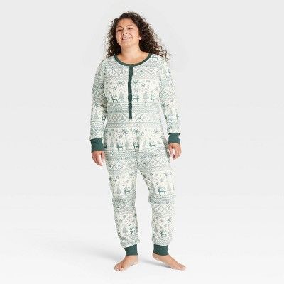 Women's Reindeer Good Tidings Union Suit Green/Cream - Hearth & Hand™ with Magnolia | Target