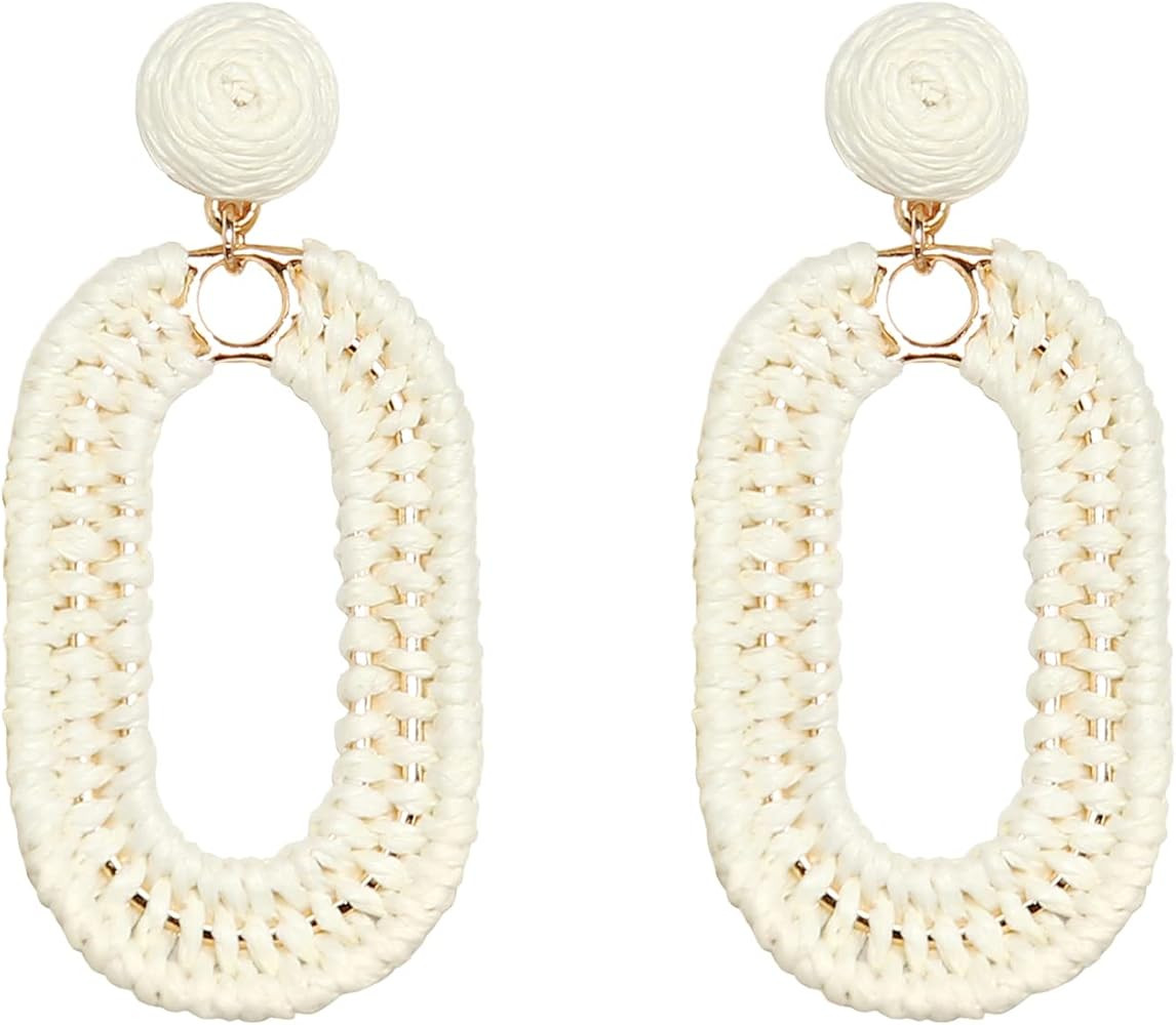 Raffia Oval Earrings for Women - Boho Woven Rattan Earrings for Summer Beach - Tropical Vacation ... | Amazon (US)