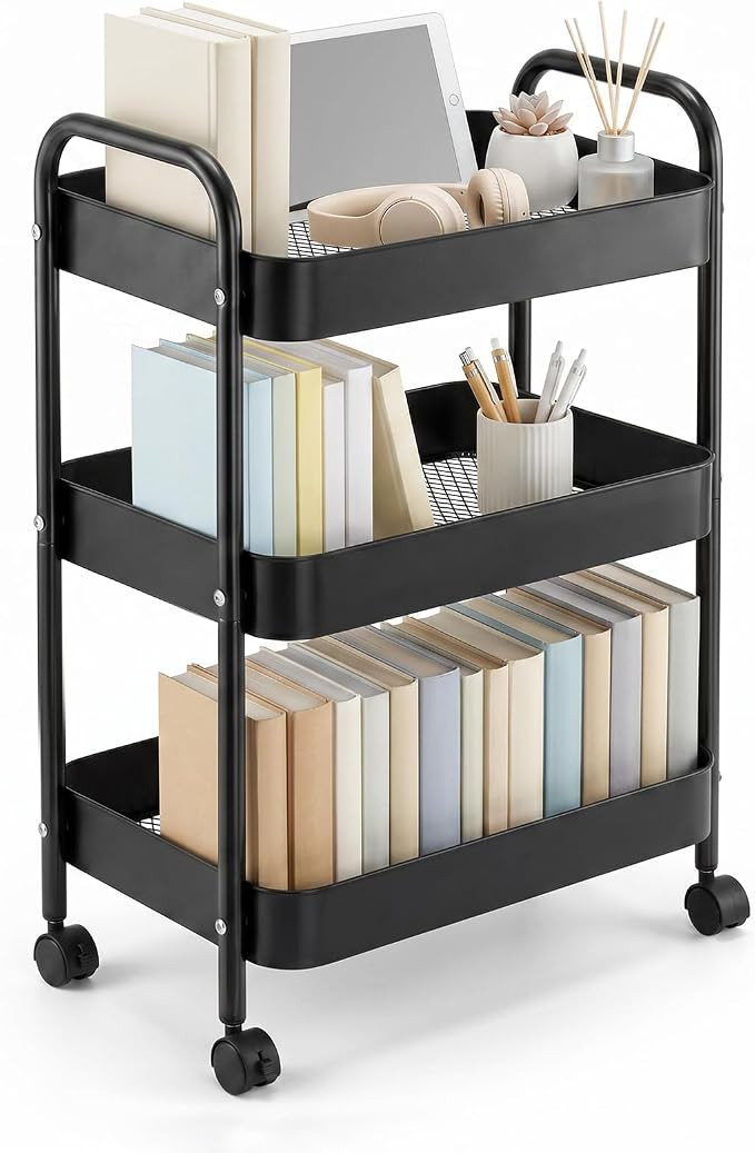 3-Tier Carbon Steel Rolling Cart for Dorm - Black Utility Cart College Essentials with 360° Swiv... | Amazon (US)