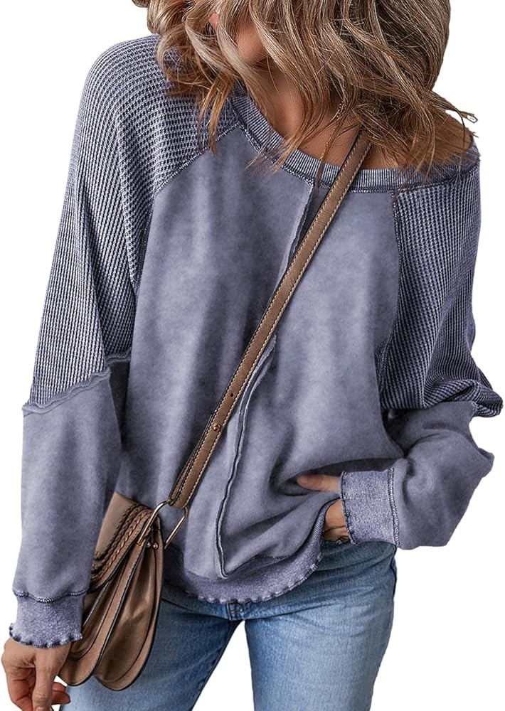 SHEWIN Womens Sweatshirt Oversized Casual Crewneck Long Sleeve Pullover Off The Shoulder Waffle Knit Tops for Women | Amazon (US)