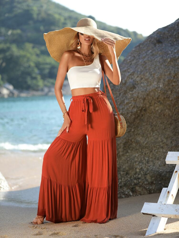 SHEIN VCAY One Shoulder Crop Top & Layered Hem Wide Leg Belted Pants | SHEIN