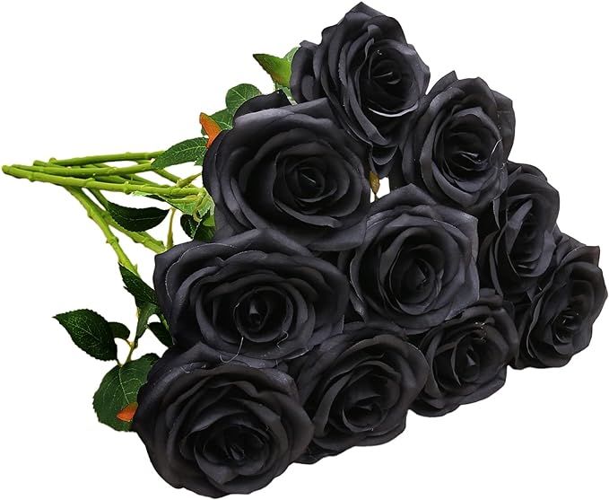 IUKnot Artificial Rose 10pcs Open Flower Bouquet Black Faux Rose Stems for Wedding Arrangement, B... | Amazon (US)