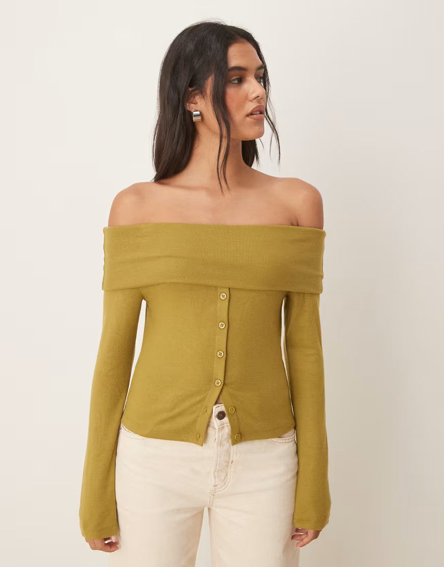 ASOS DESIGN off the shoulder button down top in olive-Green | ASOS (Global)