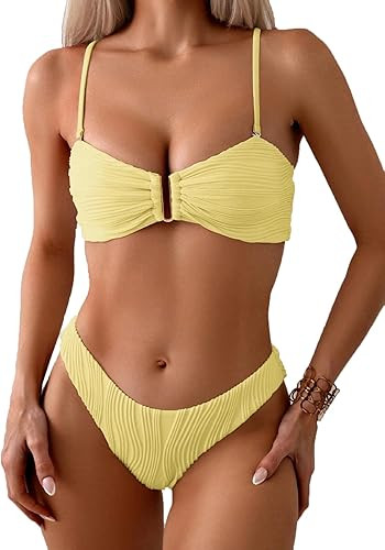Fanuerg Women's Ribbed Bikini Sets U Wire Adjustable Spaghetti Straps Swimsuit Textured Ruched Tw... | Amazon (US)