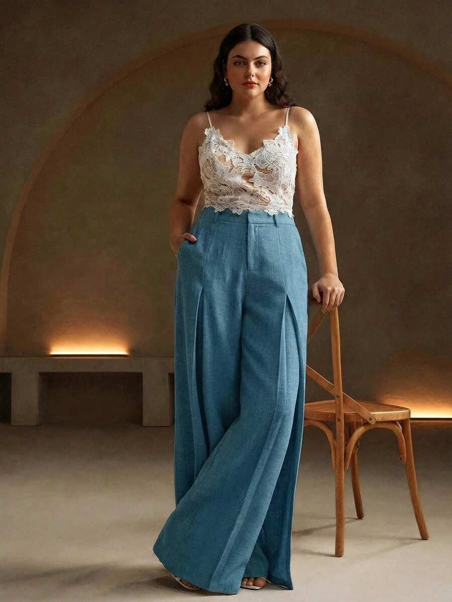 Anewsta Plus Size Women's Summer Design Pleated Wide Leg Draped Blue Casual Elegant Suit Pants, S... | SHEIN