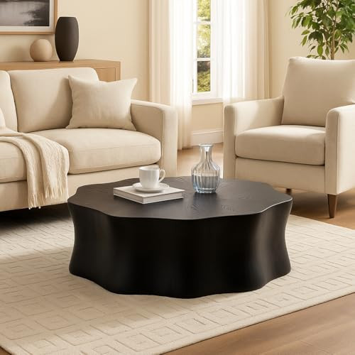 Round Black Marble Coffee Table, Modern Drum Design, Circle FiberglassCoffee Table, End Table for Living Room, Apartment, No Assembly Required (35''Black Flower) | Amazon (US)