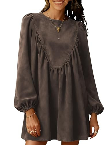 Huaqiao Womens A-Line Faux Suede Peplum Pleated Babydoll Mini Dress Casual Long Sleeves Crew Neck... | Amazon (US)