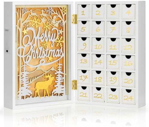 Wooden White Advent Calendar with Drawers, Reusable Advent Calendar with Lights, Empty Boxes to F... | Amazon (US)
