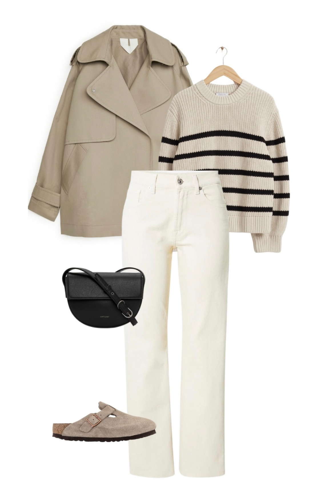 Beige tones for the fall: a short trench, striped knit sweater, cream coloured jeans, birkenstocks & a black saddle crossbody bag. The perfect outfit inspo for a casual day. 

#LTKitbag #LTKstyletip #LTKsalealert