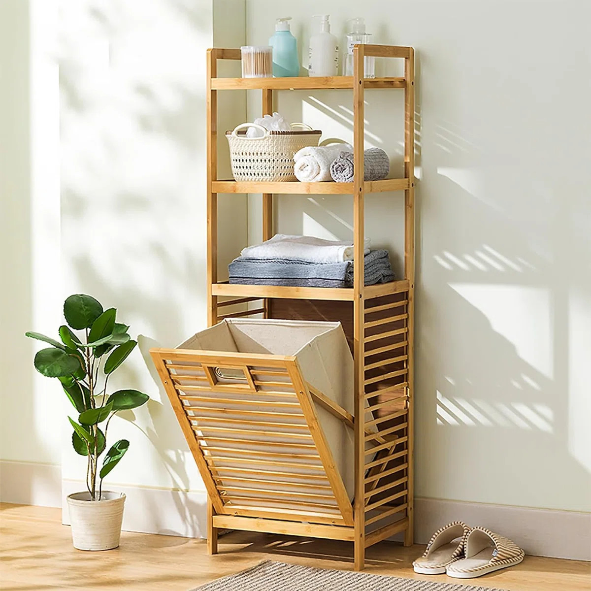 Nasira Solid Wood 16" W Bamboo Freestanding 4 Tire Linen Cabinet Storage with Laundry Hamper | Wayfair North America
