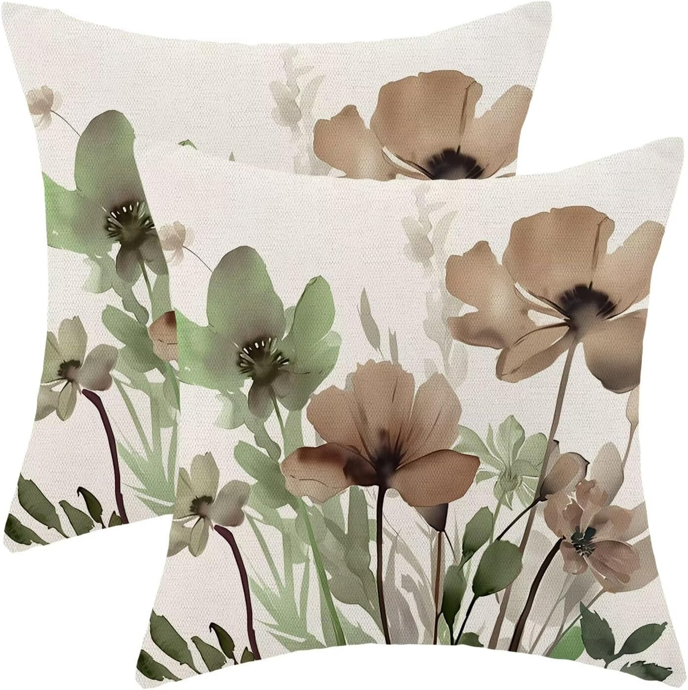 AEIOAE Sage Green Brown Floral Pillow Covers 18 x 18 Inch Set of 2, Spring Watercolor Flower Deco... | Amazon (US)