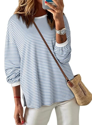 EVALESS Womens Long Sleeve Tops Casual Crewneck Oversized Loose Fit Tee Shirts Plus Size Blue and White Pinstripe 2XL | Amazon (US)
