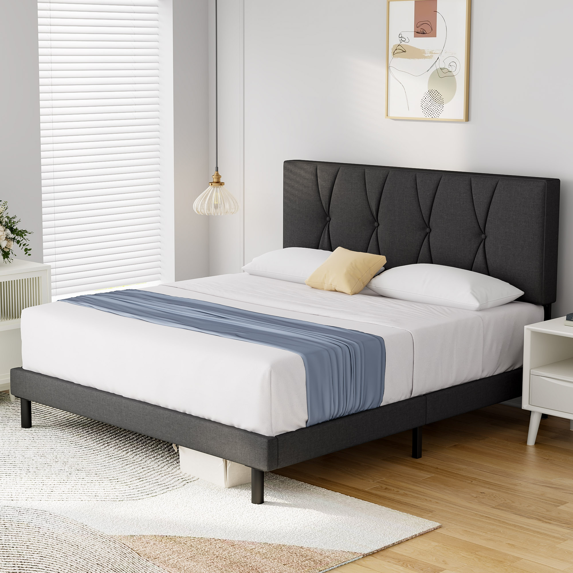 Queen Bed Frame, HAIIDE Queen Size Platform Bed With Fabric Upholstered Headboard, Dark Grey - Wa... | Walmart (US)