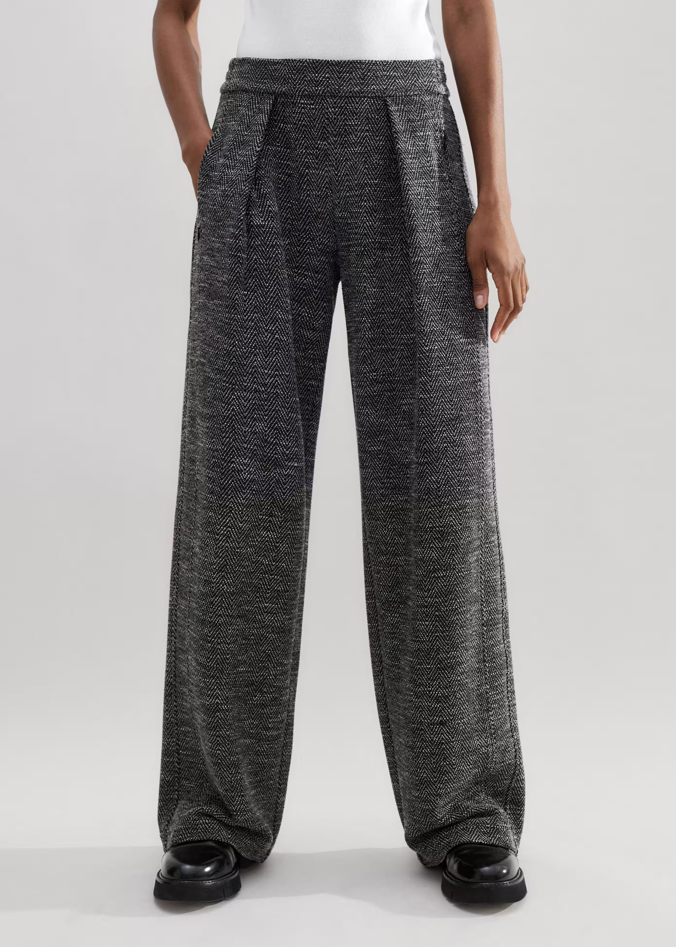 Women's Black Herringbone Jacquard Wide-Leg Pant | ME+EM | ME+EM US