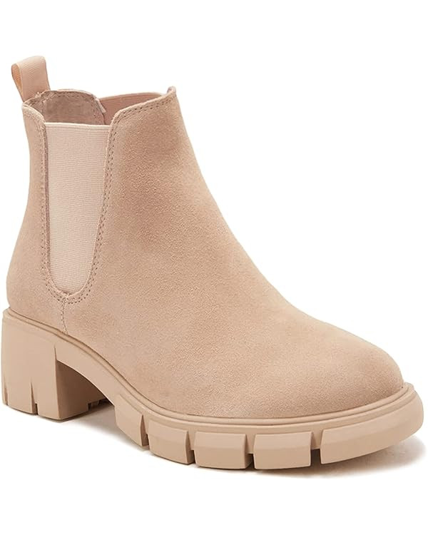 Juliet Holy Womens Lug Sole Platform Ankle Booties Chelsea Slip on Chunky Block Heel Leather Comb... | Amazon (US)