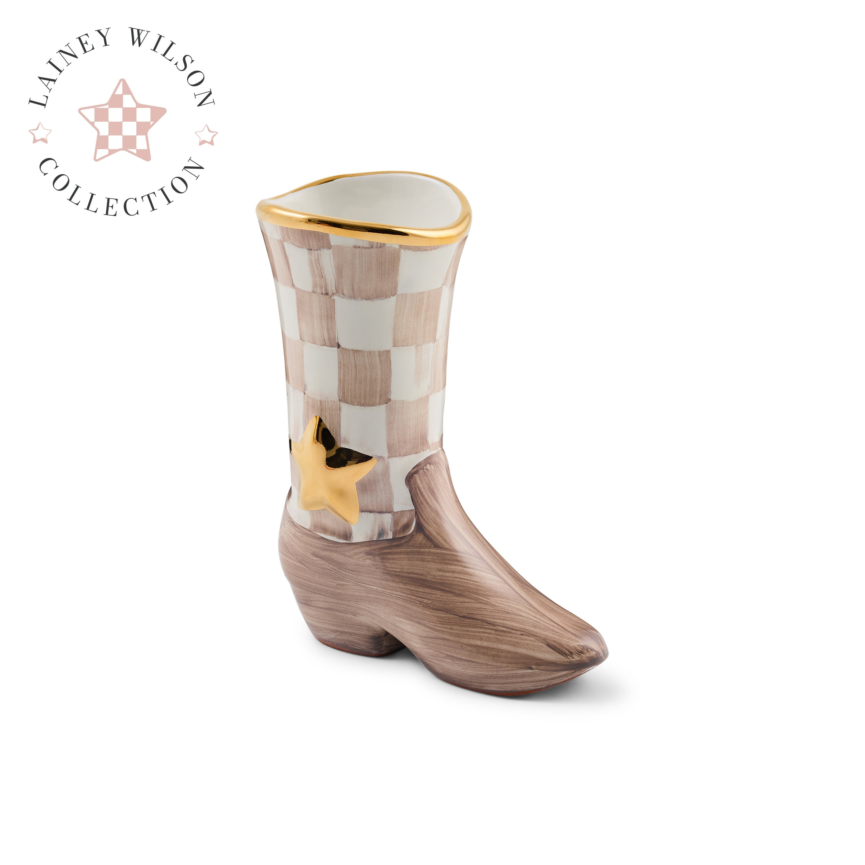 Lainey Wilson Mocha Check Cowgirl Boot Bud Vase | MacKenzie-Childs
