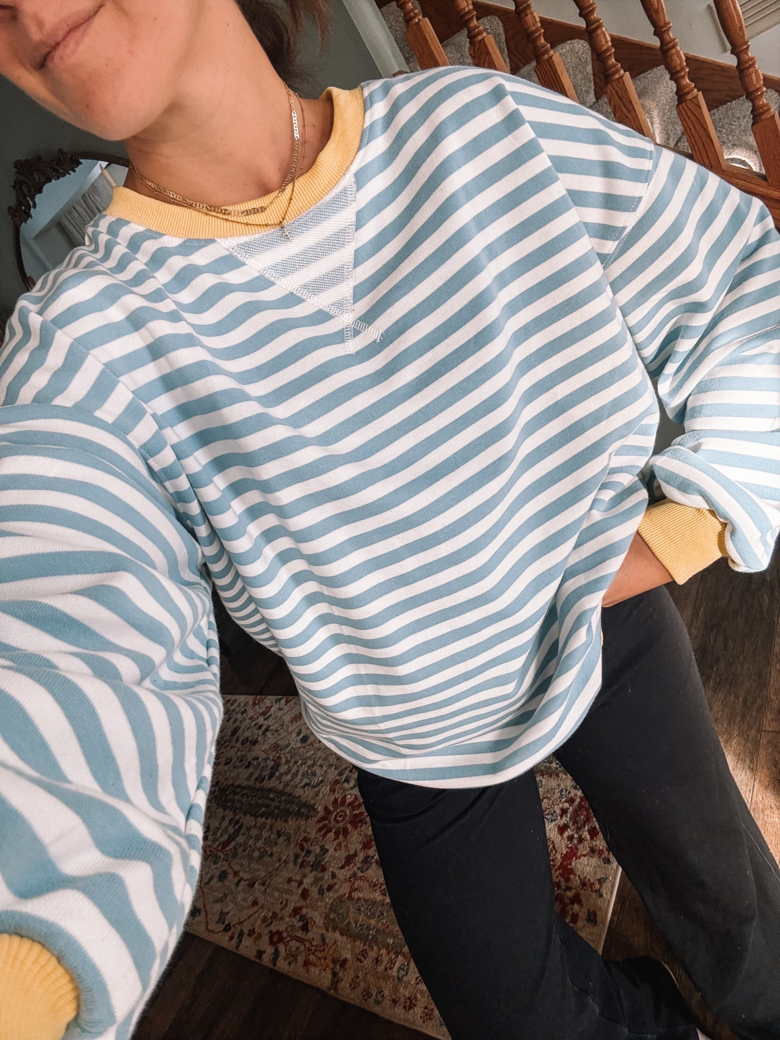 I own this oversized striped sweatshirt in multiple colors. Wearing medium. Trouser wide leg leggings are a closet staple 

#LTKootd #LTKFindsUnder50 #LTKSaleAlert
