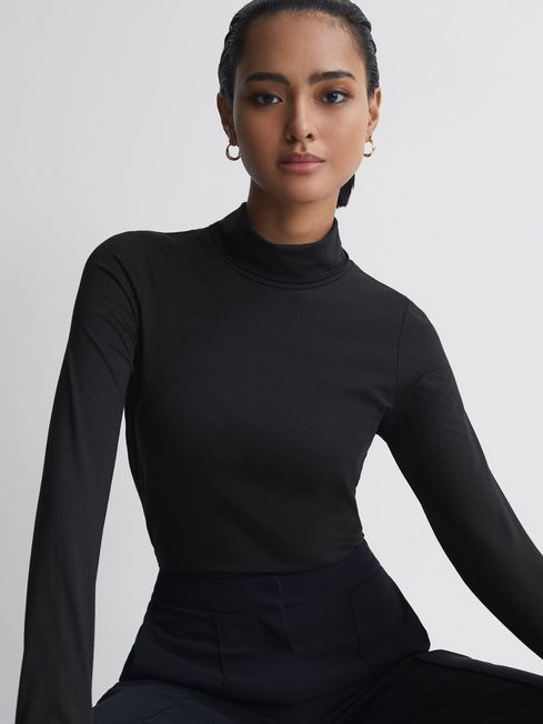 Reiss Black Piper Fitted Roll Neck T-Shirt | Reiss UK