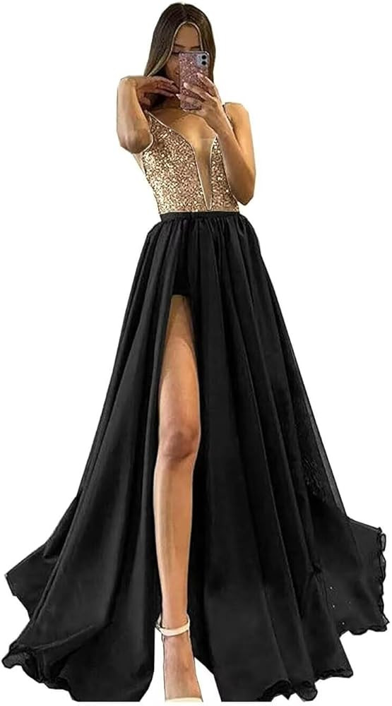 Deep V Neck Sequins Mermaid Prom Dresses 2023 with Slit Spaghetti Straps Satin Tulle Prom Formal ... | Amazon (US)