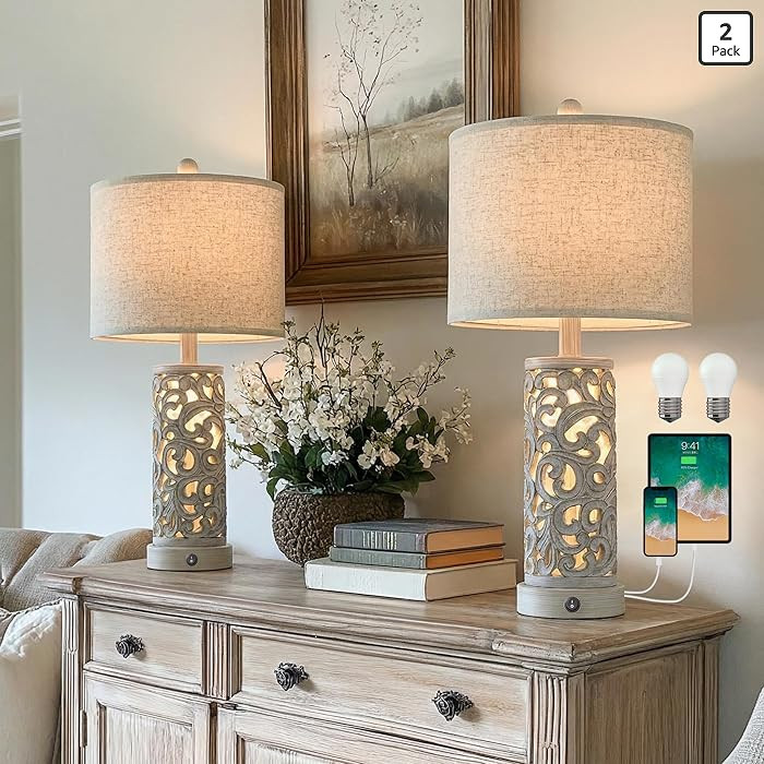 OYEARS Bedside Table Lamps Set of 2 with USB & Night Light, 22'' Farmhouse Bedroom Lamps for Nigh... | Amazon (US)