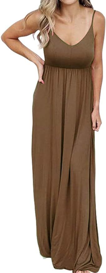 PRIMODA Women's Summer Casual Sleeveless V Neck Adjustable Spaghetti Strap Maxi Long Dress(Mocha,... | Amazon (US)