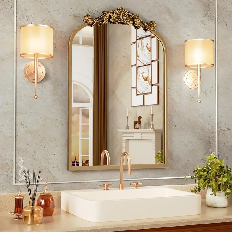 Swafrrt 20" x 32" Antique Gold Baroque Arch Wall Mirror, Vintage Bathroom Mirror with Aluminum Fr... | Walmart (US)