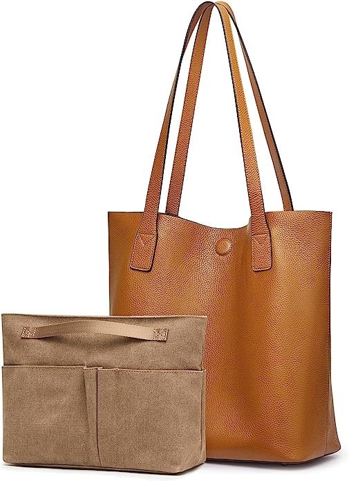 S-ZONE Genuine Leather Tote Bag for Women Soft Shoulder Handbag Ladies Purse with Canvas Pouch | Amazon (US)