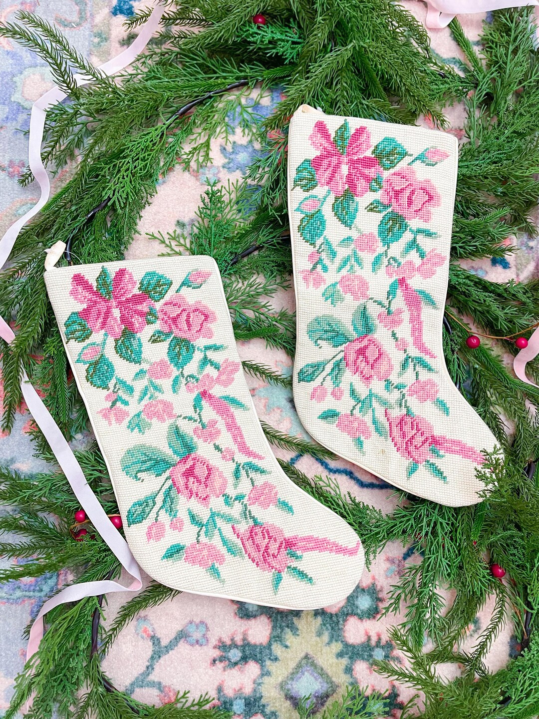 Vintage Pink Roses, Ribbon & Bow Needlepoint Traditional Christmas Stocking Chinoiserie Chic Deco... | Etsy (US)