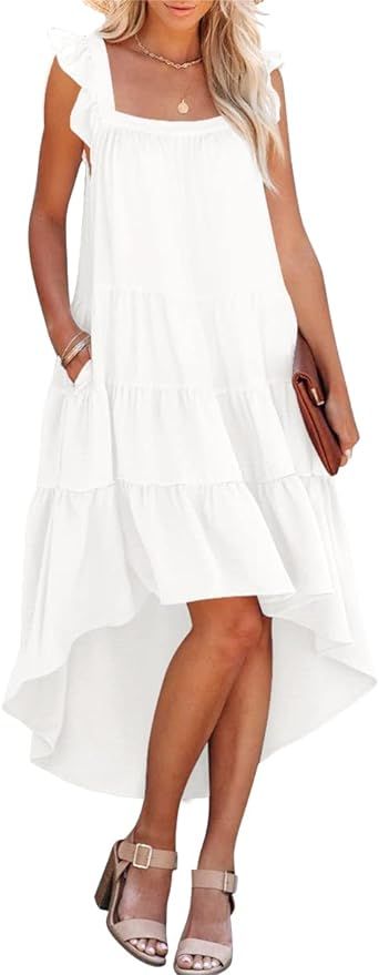 Prinbara 2022 Women's Summer Midi Dress Sleeveless Ruffle Sleeve Colorblock Solid Loose Fit Flowy... | Amazon (US)