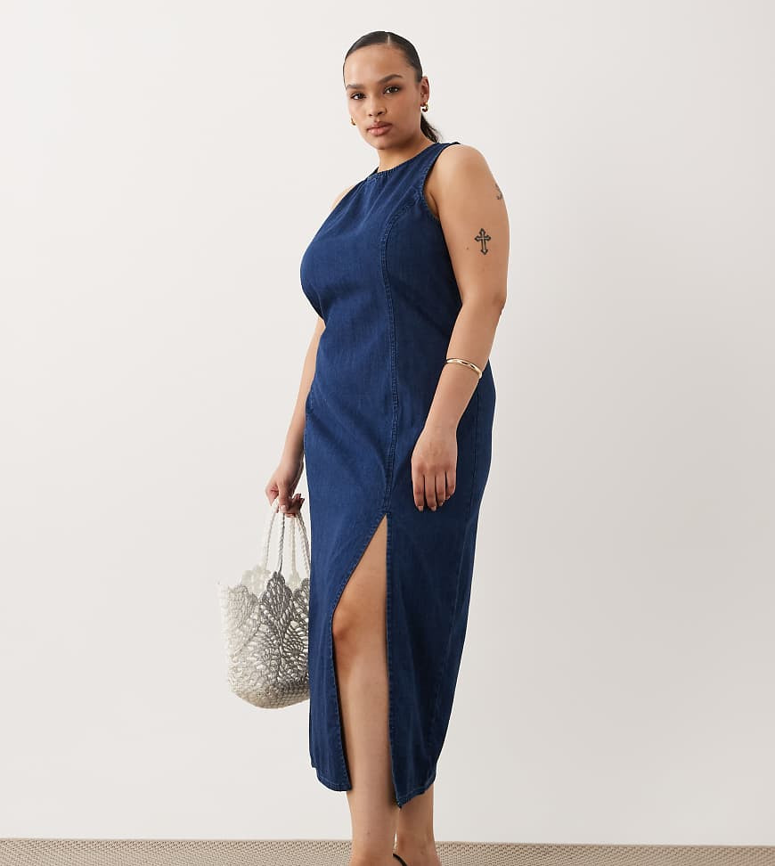 ASOS DESIGN Curve denim fitted midi dress in rich mid blue | ASOS (Global)