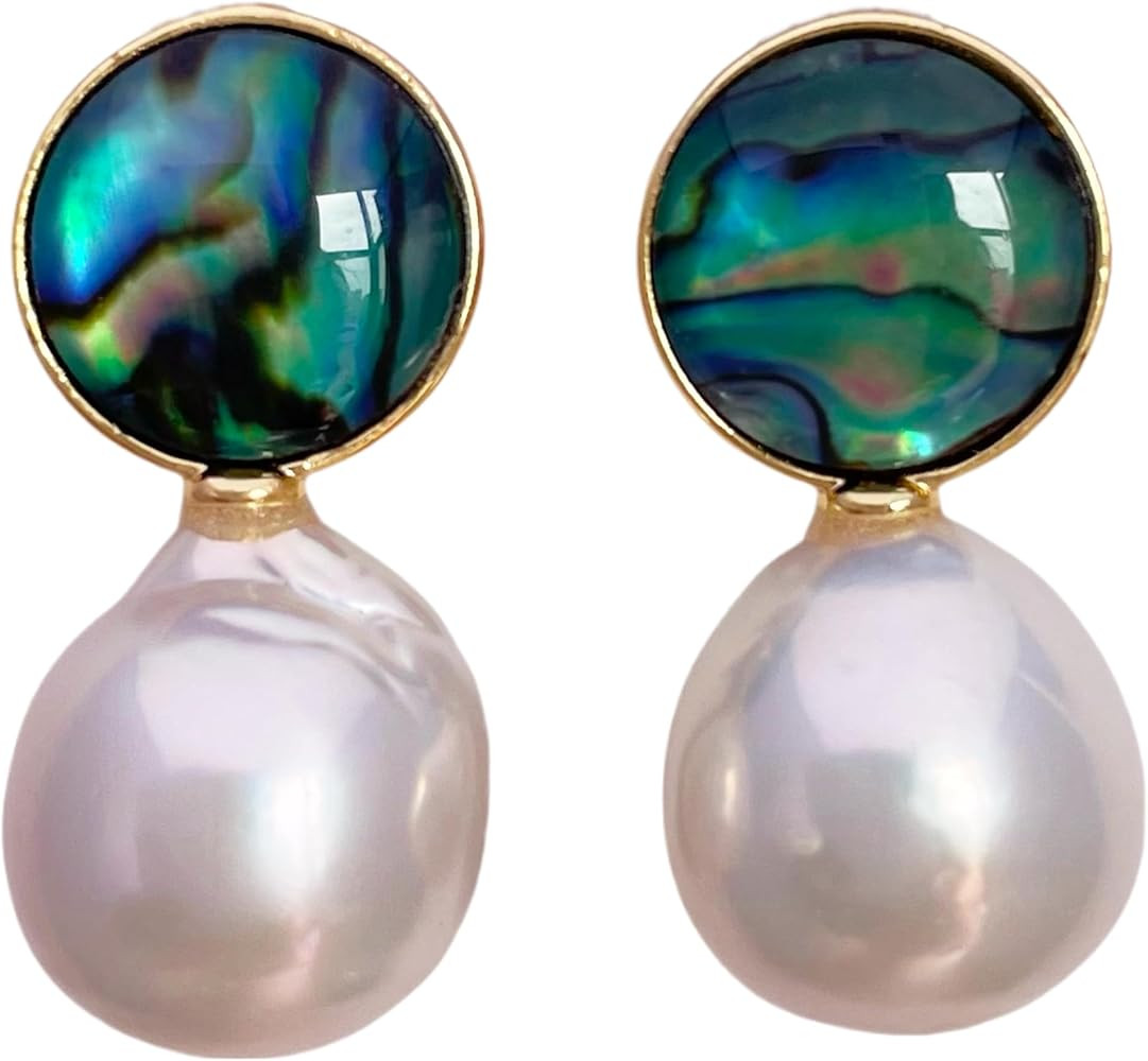 Baroque Pearl Earrings Drop Dangle water droplet shaped Abalone Shell Freshwater Pearl Stud for W... | Amazon (US)