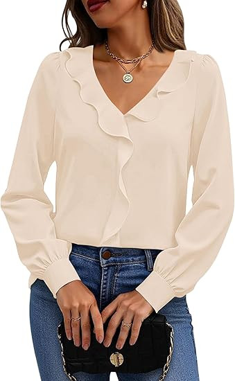 Halife Womens Dressy Casual Blouses Long Sleeve Business Tops Ruffle V Neck Trendy Work Shirts | Amazon (US)