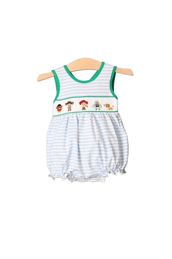 Smocked Friends Blue Stripe Bow Bubble | The Smocked Flamingo