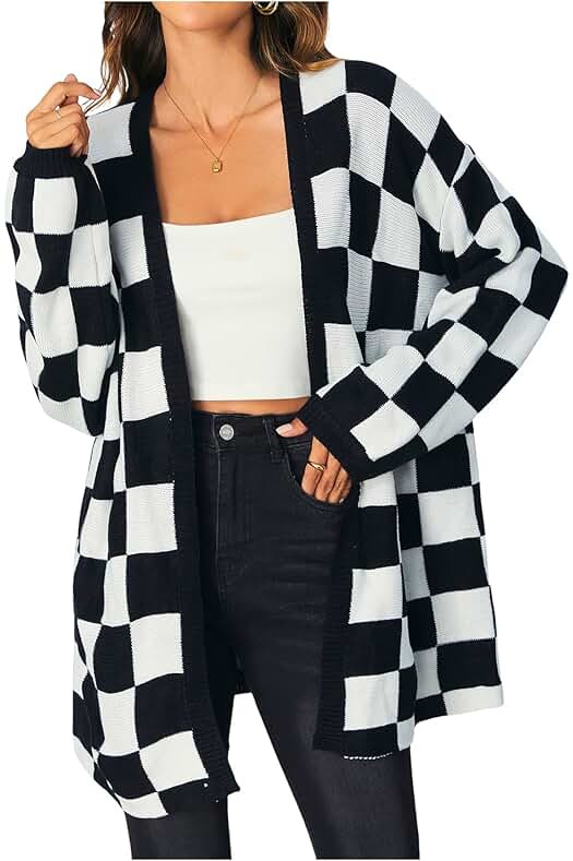 SOLY HUX Women's Long Sleeve Oversized Sweater Checkered Cardigan Open Front Outerwear Tops | Amazon (US)