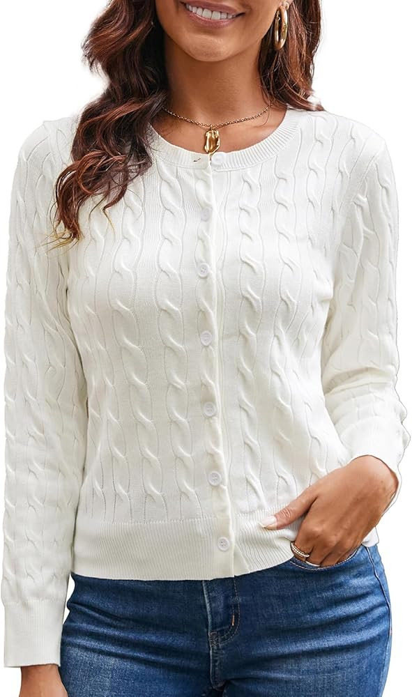 GRACE KARIN Womens Long Sleeve Button Up Cable Knit Cardigan Lightweight 2025 Crewneck Button Dow... | Amazon (US)