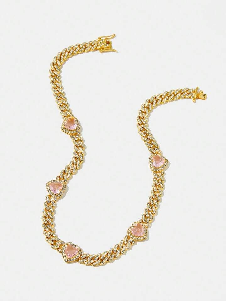 SHEIN X SAMADHI SHEIN SXY Alloy Full Rhinestone Gold  Chain Pink  Necklace | SHEIN