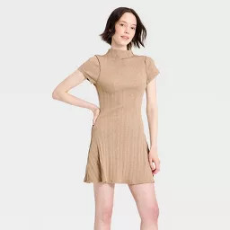 Women's Short Sleeve Mock Knit Mini A-Line Dress - Universal Thread\u2122 Beige M | Target