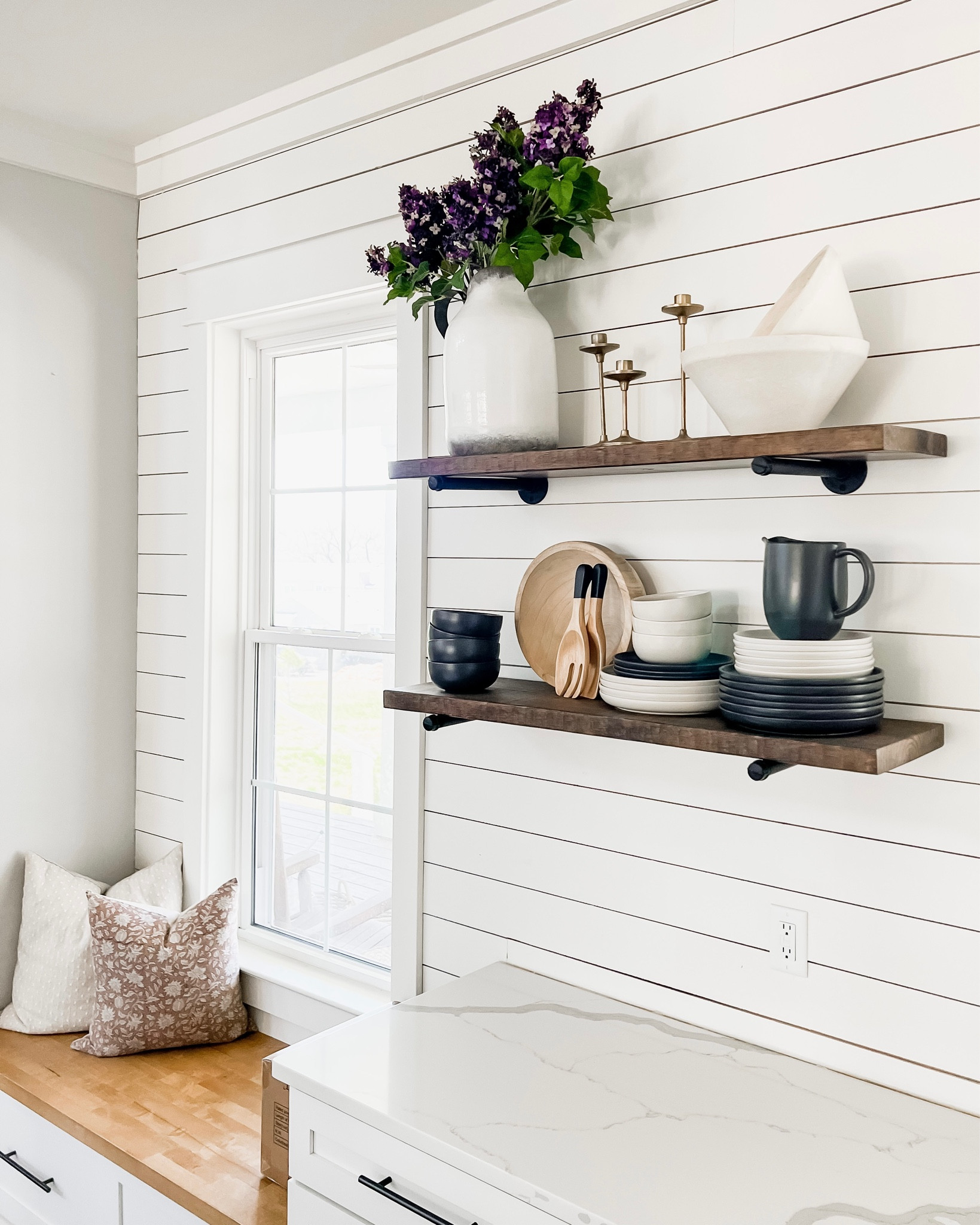 Modern farmhouse, style kitchen, open shelving, open shelves styling lilacs, spring flowers, blooms, summer decor, papier-mâché paper mache Bowls, black and white two-tone dishes, dinner plates, salad plates, wood bowl, mango wood, throw pillows, pillow covers, home, accessories, accents, and decor for your kitchen and countertop

#LTKhome #LTKunder100 #LTKFind