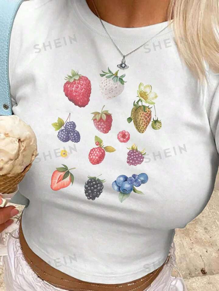 SHEIN EZwear Women's Summer White Short Crop Top With Fruit Print (Strawberries, Raspberries, Blu... | SHEIN