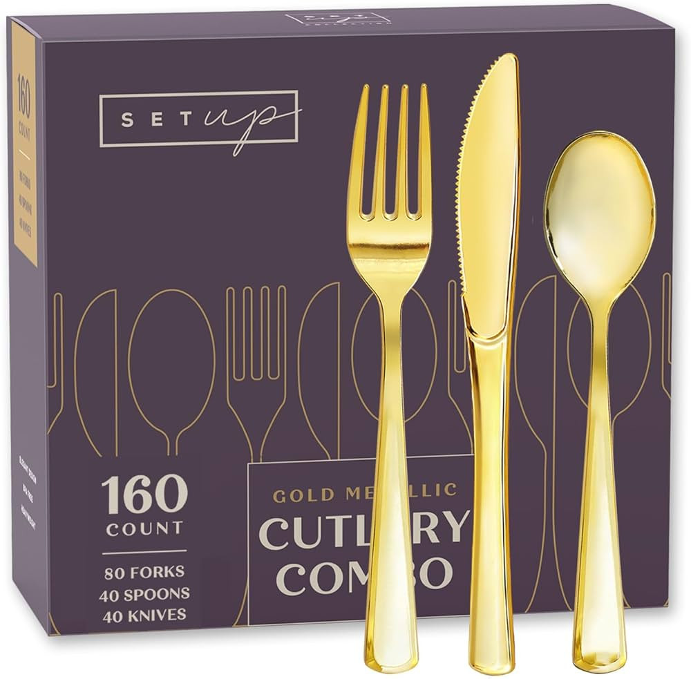SETUP [160 Count] Disposable Silverware, Gold Combo Cutlery - 80 Forks, 40 Spoons, 40 Knives - He... | Amazon (US)