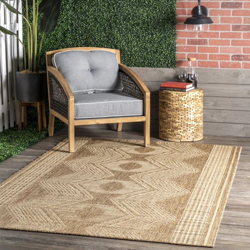 Kendall Geometric Indoor / Outdoor Patio Area Rug in Tan | Wayfair North America