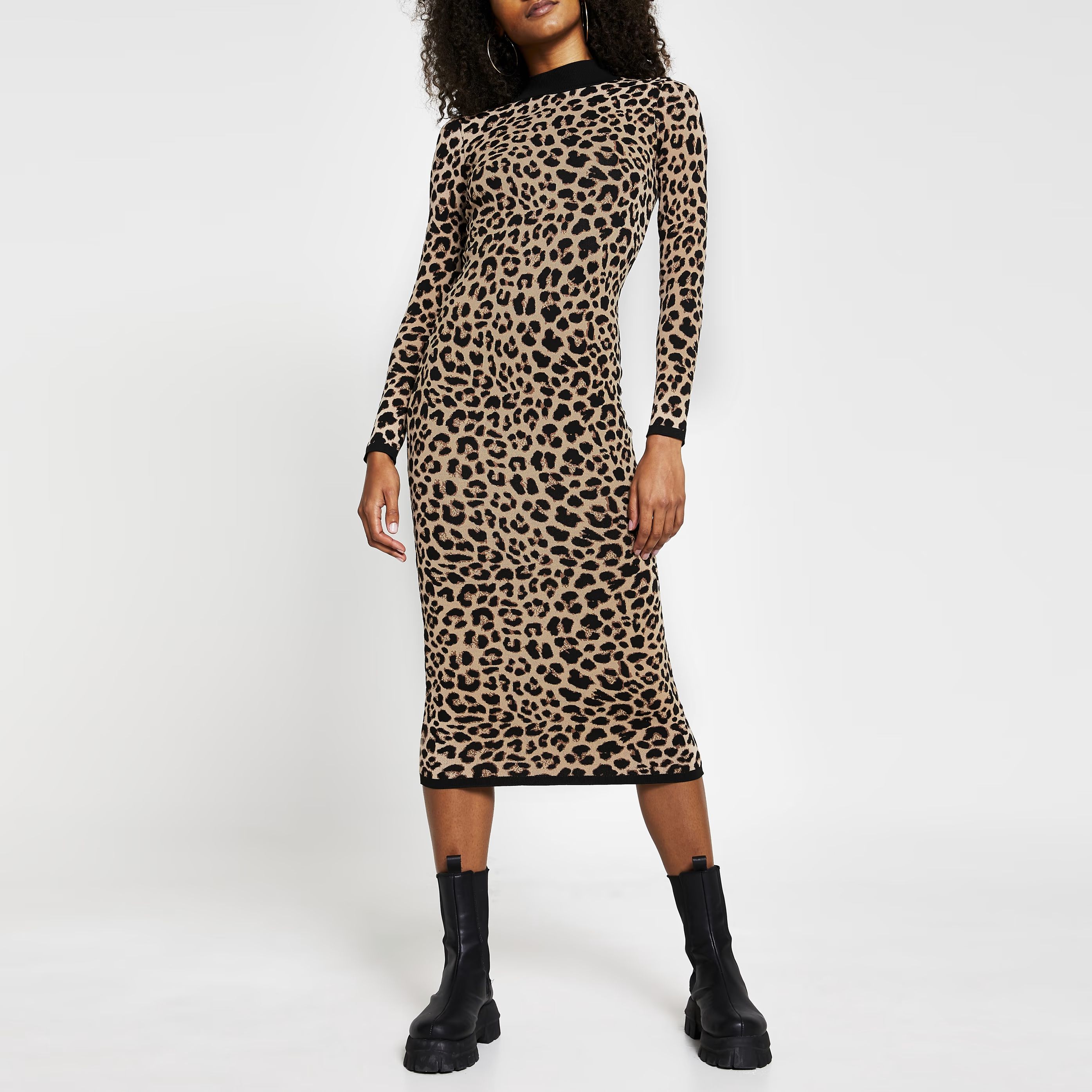River Island Womens Brown leopard print midi dress | River Island (UK & IE)